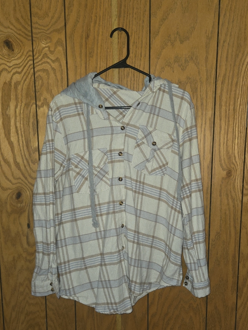 Womens Hooded Plaid Button-Up Shirt - Light Blue & Cream W/detatchable Hood